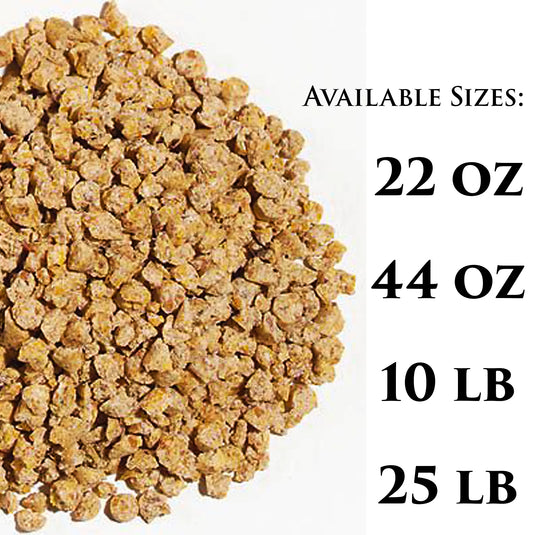 Close-up image of Roudybush Crumble Bird Pellets available sizes at Exotic Wings - 22 oz, 44 oz, 10 lb, 25 lb