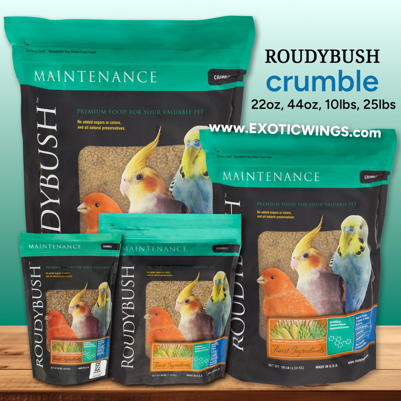 Load image into Gallery viewer, Roudybush Crumble Bird Pellet packages available sizes at Exotic Wings - 22 oz, 44 oz, 10 lb, 25 lb
