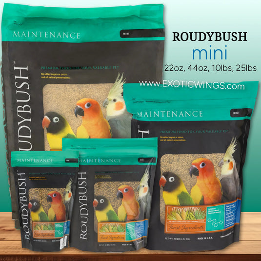 Roudybush mini bird pellets bag sizes available at Exotic Wings - 22 oz, 44 oz, 10 lb, 25 lb