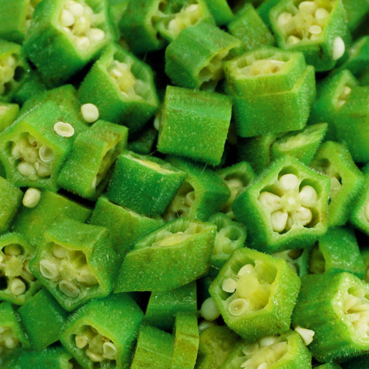 Close-up of sliced green okra pods