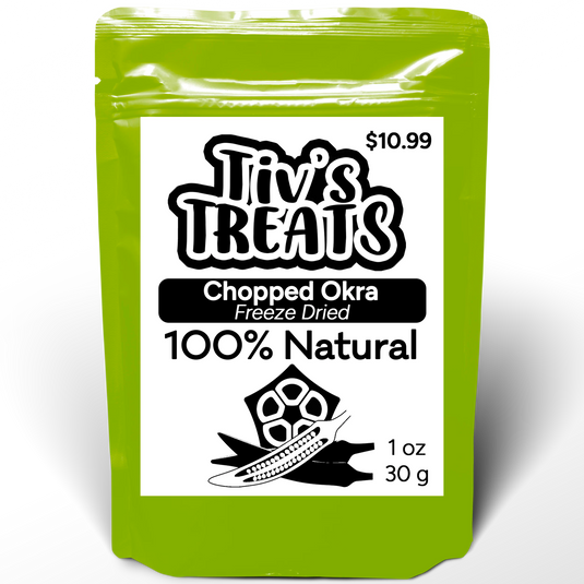 Green package of Tiv's Treats Chopped Okra Freeze Dried on a white background