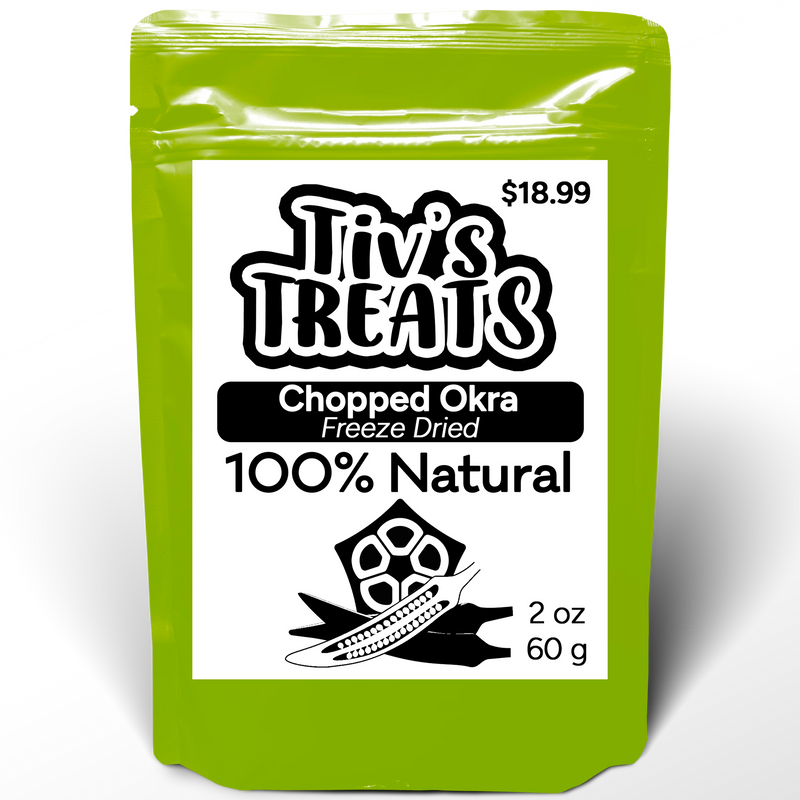 Load image into Gallery viewer, Green package of Tiv&#39;s Treats Chopped Okra Freeze Dried on a white background #Size_2 oz (60 g)

