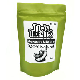 Green package of Tiv's Treats Strawberry & Banana snacks with a white label.