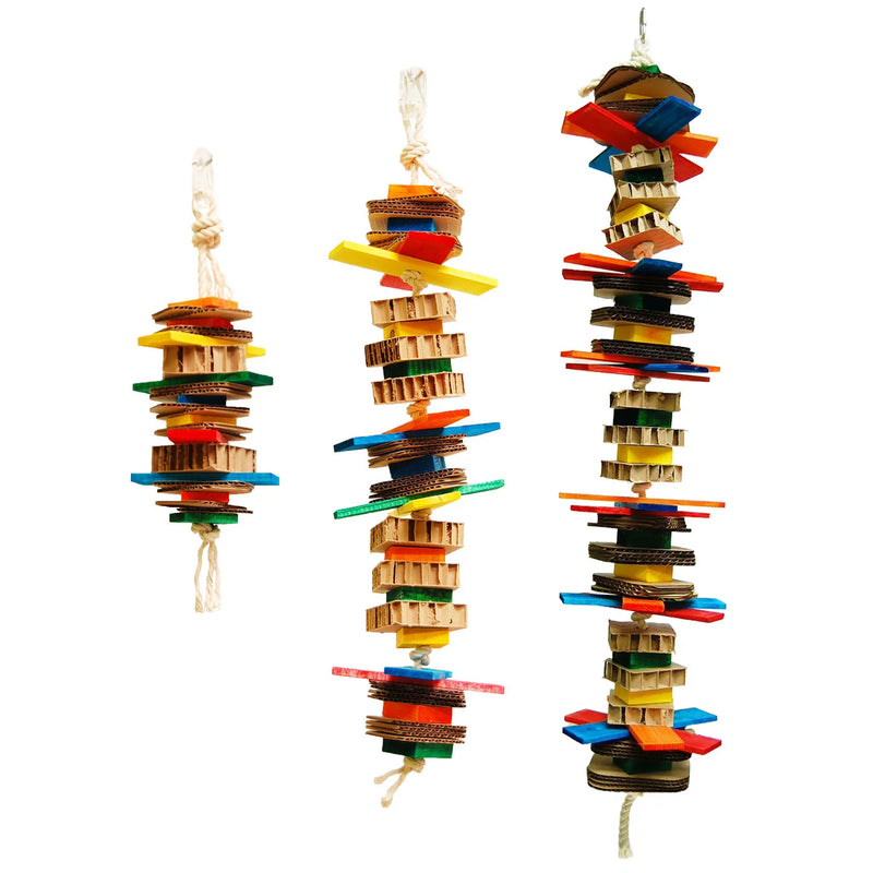 Load image into Gallery viewer, Colorful Zoo-Max Jumpy bird toy with stacked wooden rings and plastic blades on a white background
