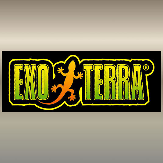 Exo Terra logo with a gradient color scheme on a beige background