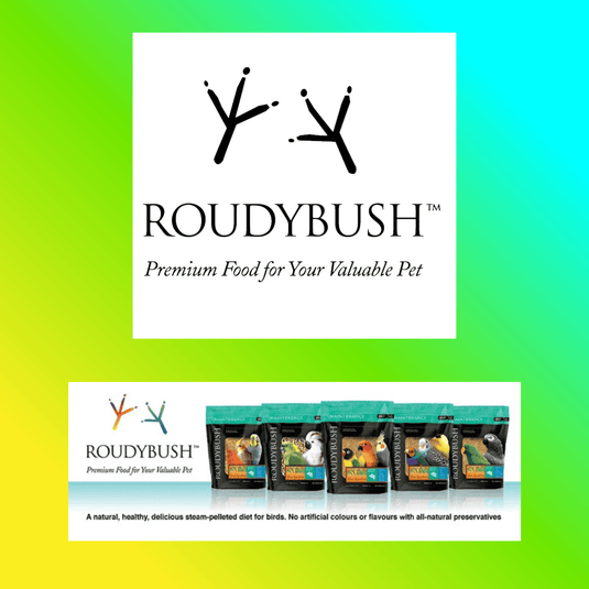 Roudybush premium pet food packaging on a gradient background