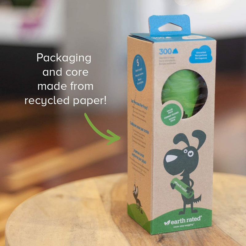 Earth Rated Eco-Friendly Unscented Dog Poop Bags 300 Bags on a Large Single Roll - Guaranteed Leak-Proof
