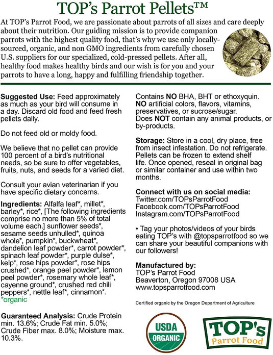 TOP's Parrot Food Small Pellets for Hookbills | USDA Organic Certified - Conure / Cockatiel