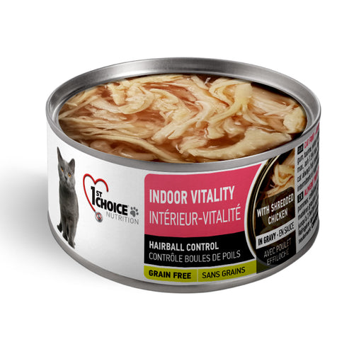 1st Choice Indoor Vitality Grain Free Hairball Control Shredded Chicken Wet Cat Food 24x85g 🍁