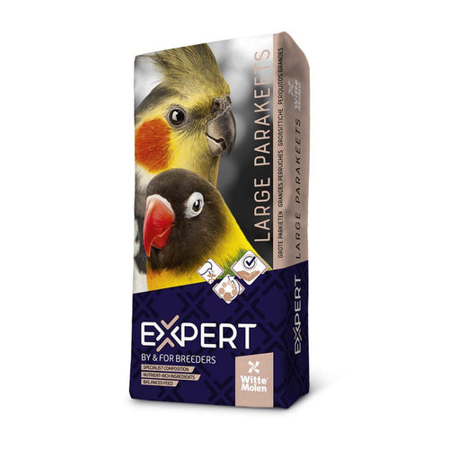 A bag of Witte Molen Expert Large Parakeet Seed Mix with images of two parakeets on the front and product information.